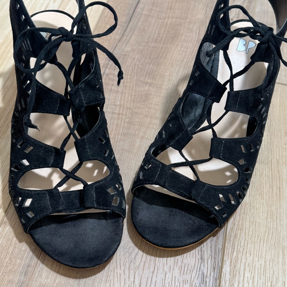 BP Black Sandal Bootie in Faux Suede with Lace-Up, Cut Outs, and Wood Heel